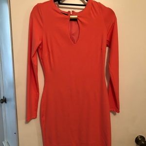 Coral, long sleeve, bodycon dress